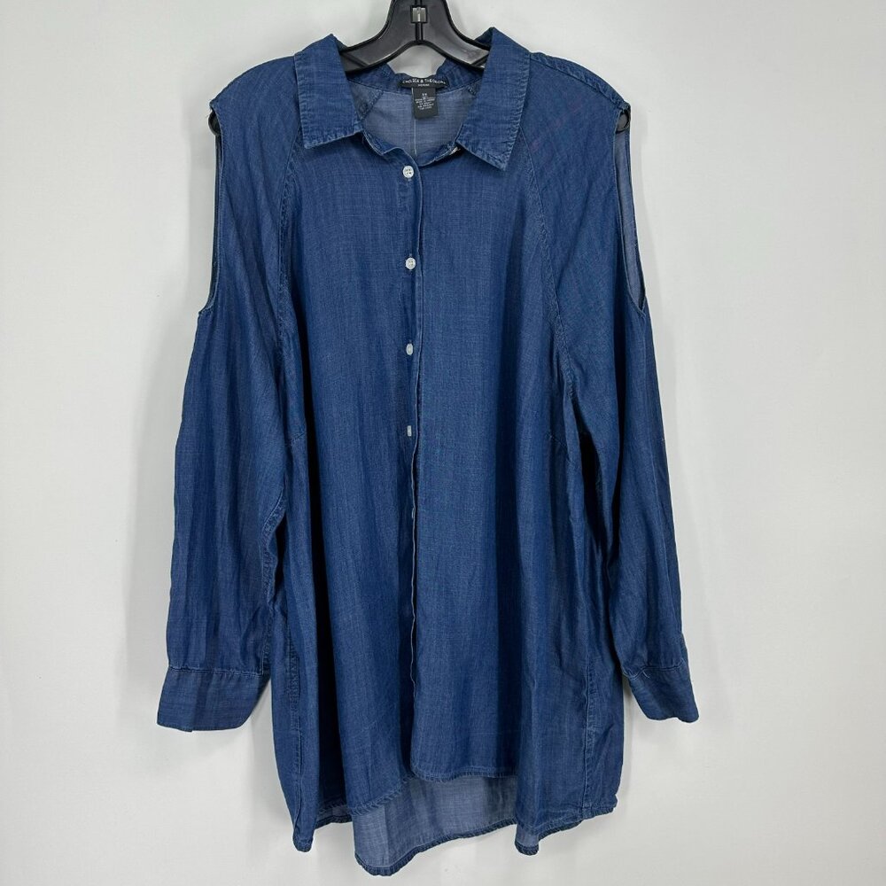 3/$25 Chelsea & Theodore Cold Shoulder Denim‎ Top 2X Button Down Blue Shirt NWT